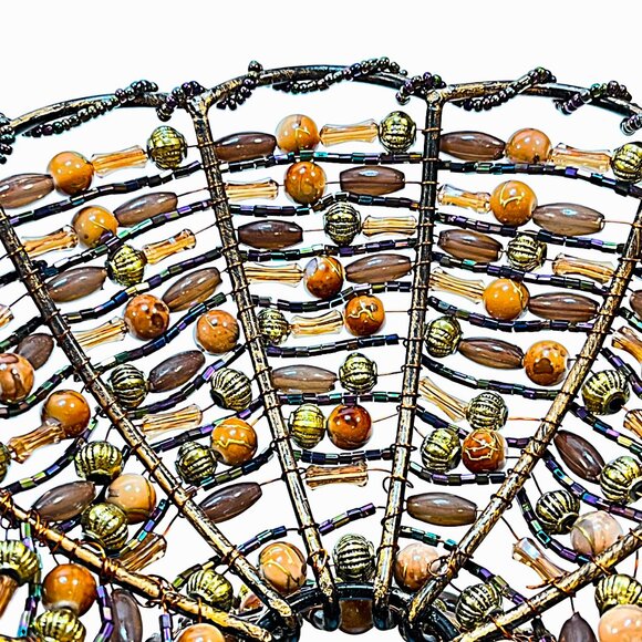 2 Metal Copper Wire Amber Beaded Pedestal Basket Bowl 7” & 4”tall - Picture 7 of 7